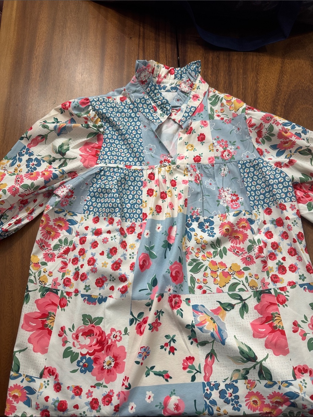 Womens Floral Patchwork Tunic Top - Blue, Pink, White